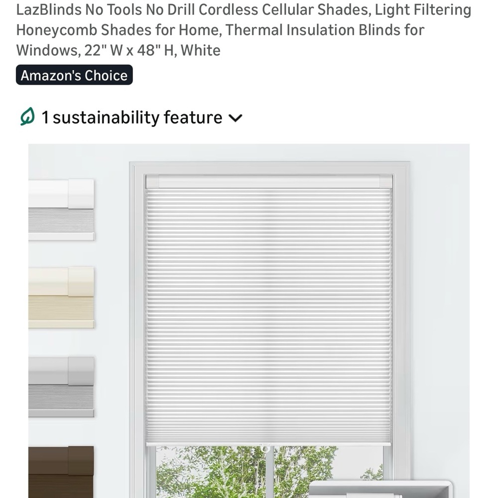 New.. LazBlinds No Tools No Drill Cordless Cellular Shades 22”W x 48” H (1024)